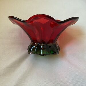 VTG Large Red Glass Bowl Green Base Fruit Bowl Flower Arrangement Centerpiece